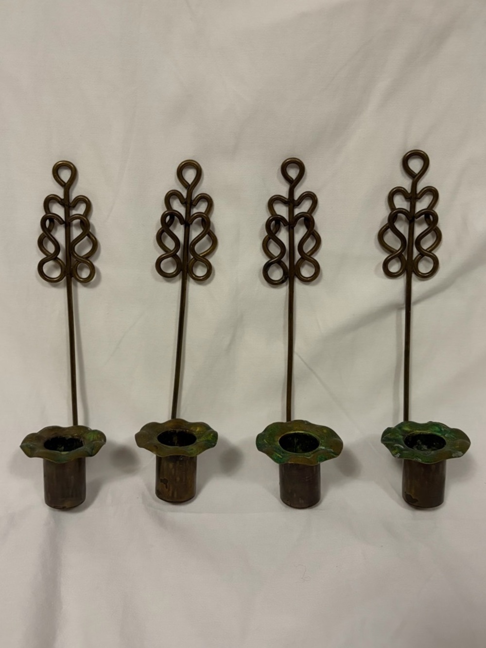 Set of 4 vintage Brass wall hanging candle holders scalloped rim-need cleaning